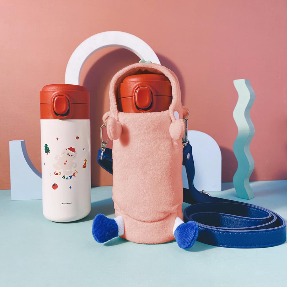 渔夫保温杯胖桃酱水瓶套斜跨肩背带保温杯防烫毛绒保护杯套卡通可爱大