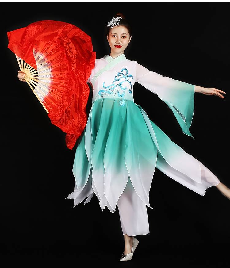 舞蹈扇子长绸扇 一尺二舞蹈扇子海派秧歌扇跳舞扇三色渐变色加长广场