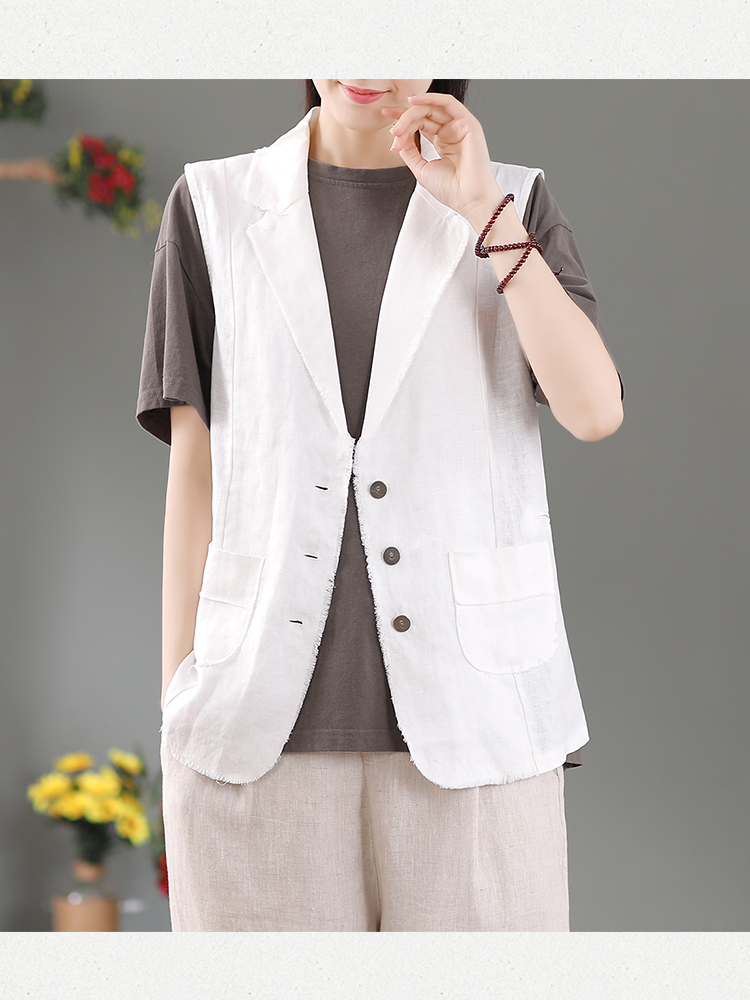 女士夏天马甲无袖宽松薄款休闲马夹棉麻外套女夏季做旧毛边外搭背心