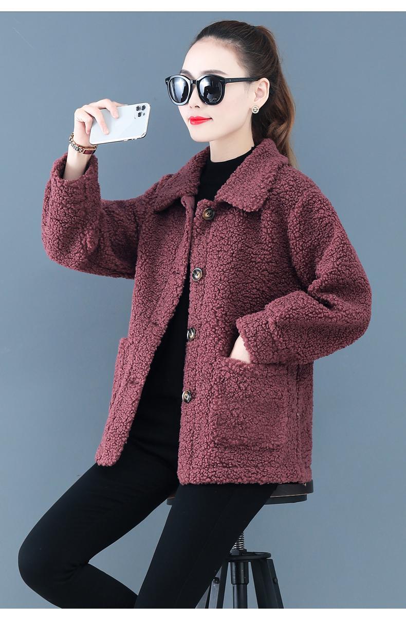 羊羔绒女士短外套春季新款中年妈妈颗粒绒羊羔毛皮毛一体开衫大衣墨