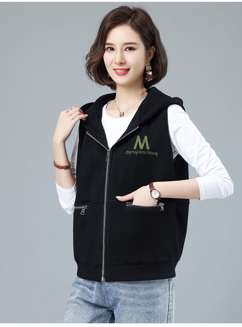 春秋背心外穿卫衣2022新款宽松休闲连帽马甲女短款中年妈妈马夹潮黑色
