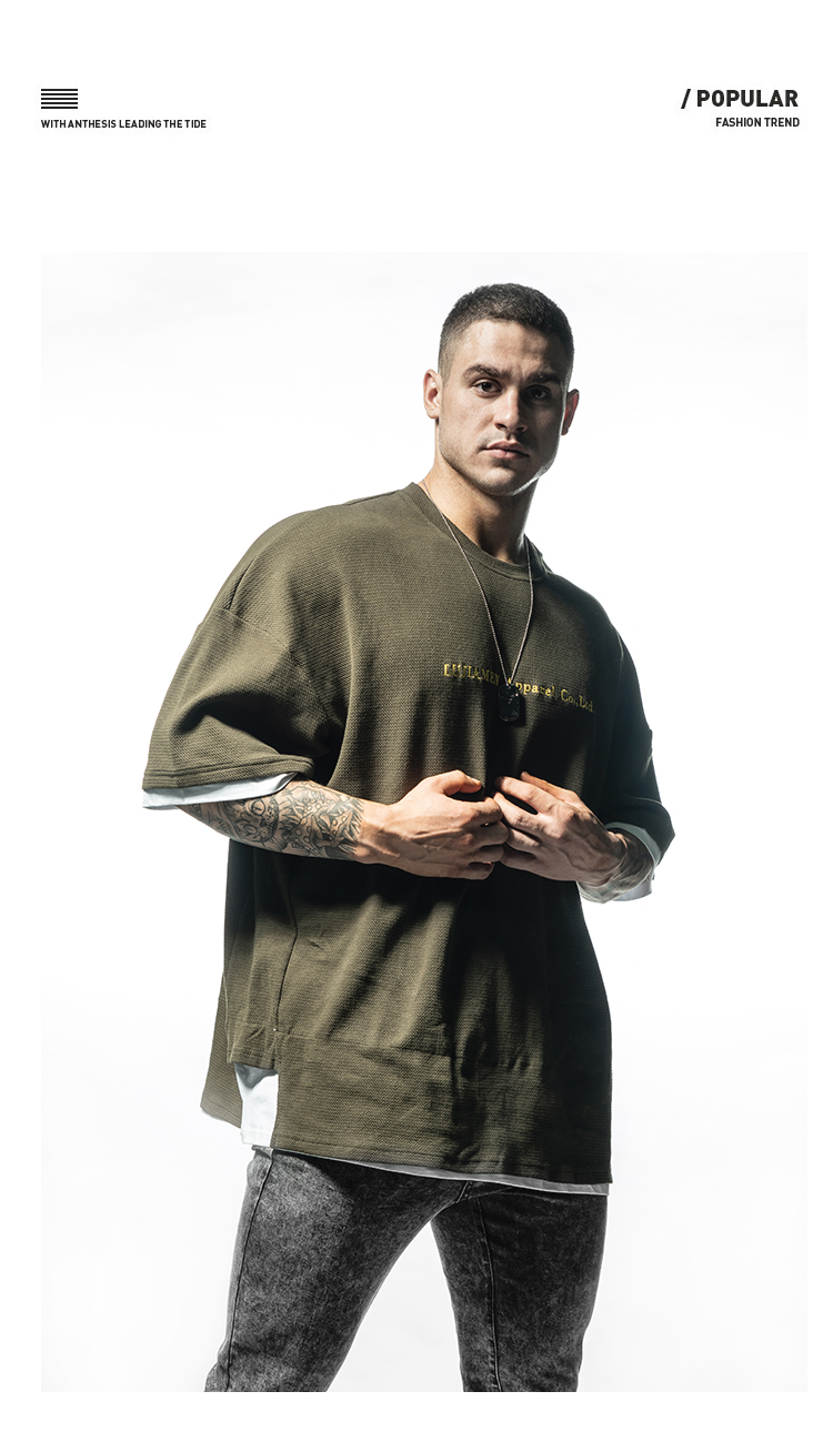 鹿家门新款健身男士潮流短袖运动休闲假两件鹿头棉宽松上衣t恤灰色m