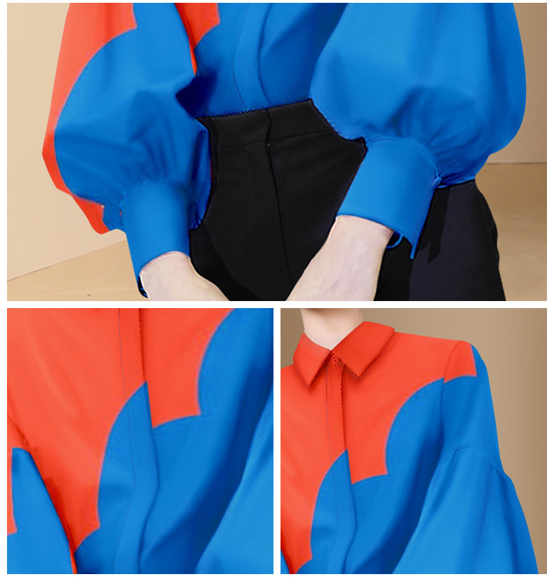 迪菲丽格春装2022年新款法式衬衫女设计感小众红蓝撞色灯笼袖上衣图片