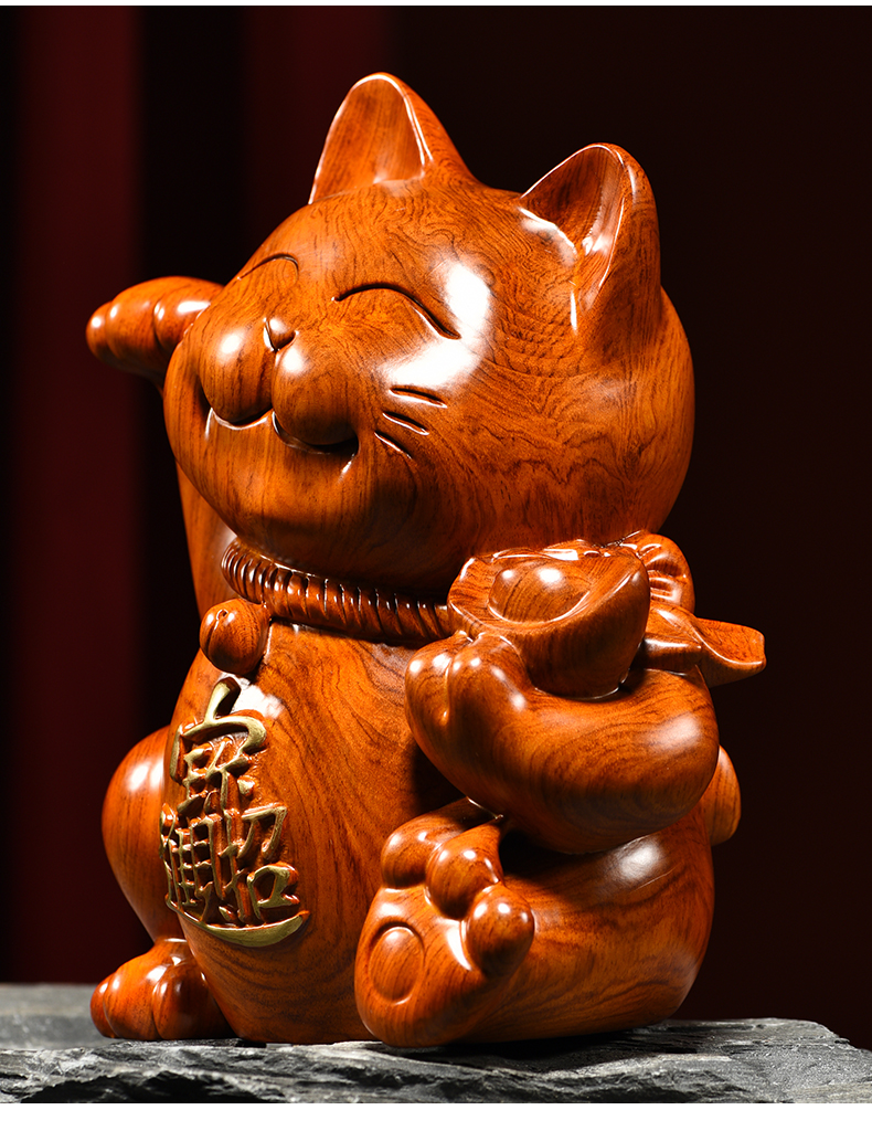 刻木东方 木雕摆件招财猫实木质雕刻家居客厅办公店铺店面开业送木头