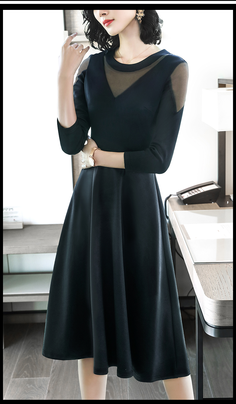 keyuyao 高端原创女装 圆领网纱拼接连衣裙 2019春秋装新款典雅黑色