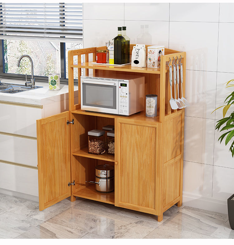 厨房整理收纳柜微波炉置物架储物柜子有门落地多层实木架带门加固五层