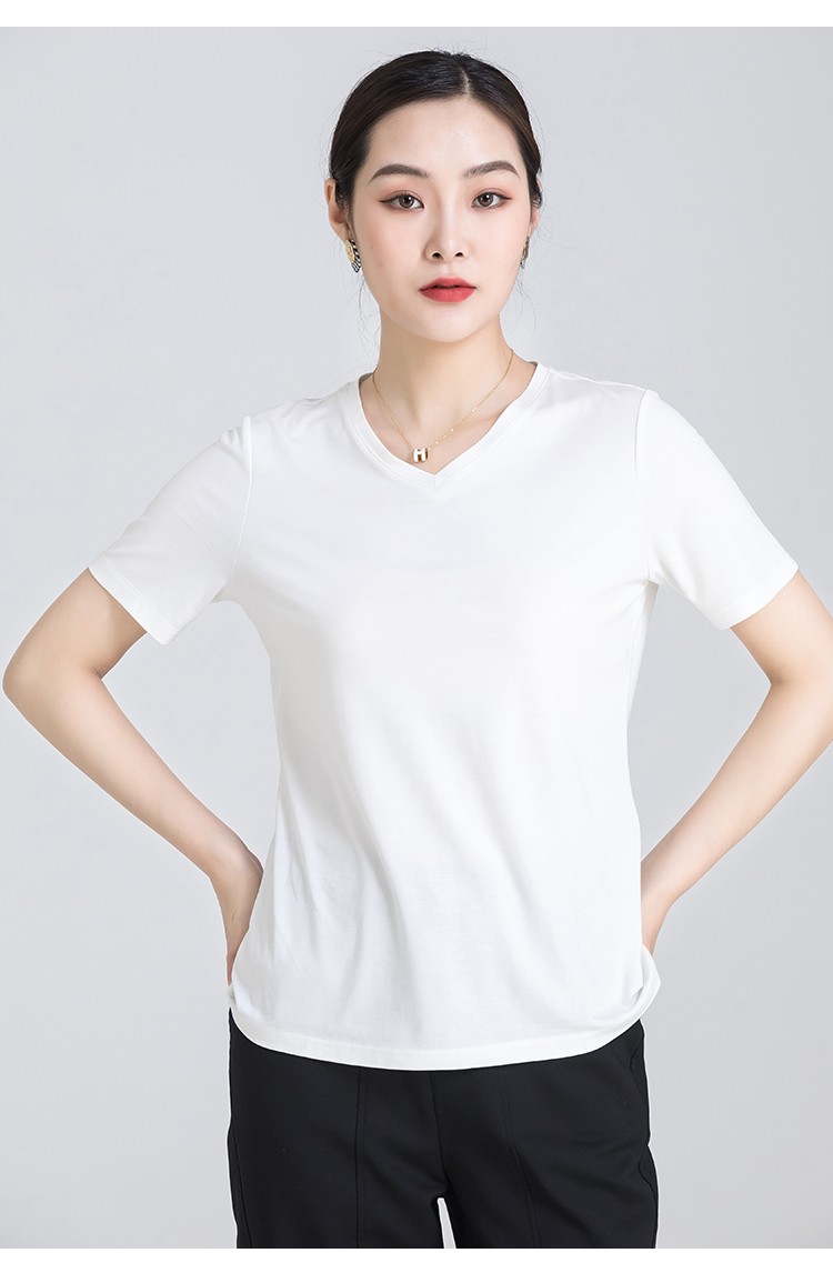 梦舒雅上衣四色可选v领丝光棉t恤女装2022年新款夏装修身半袖体恤 橘