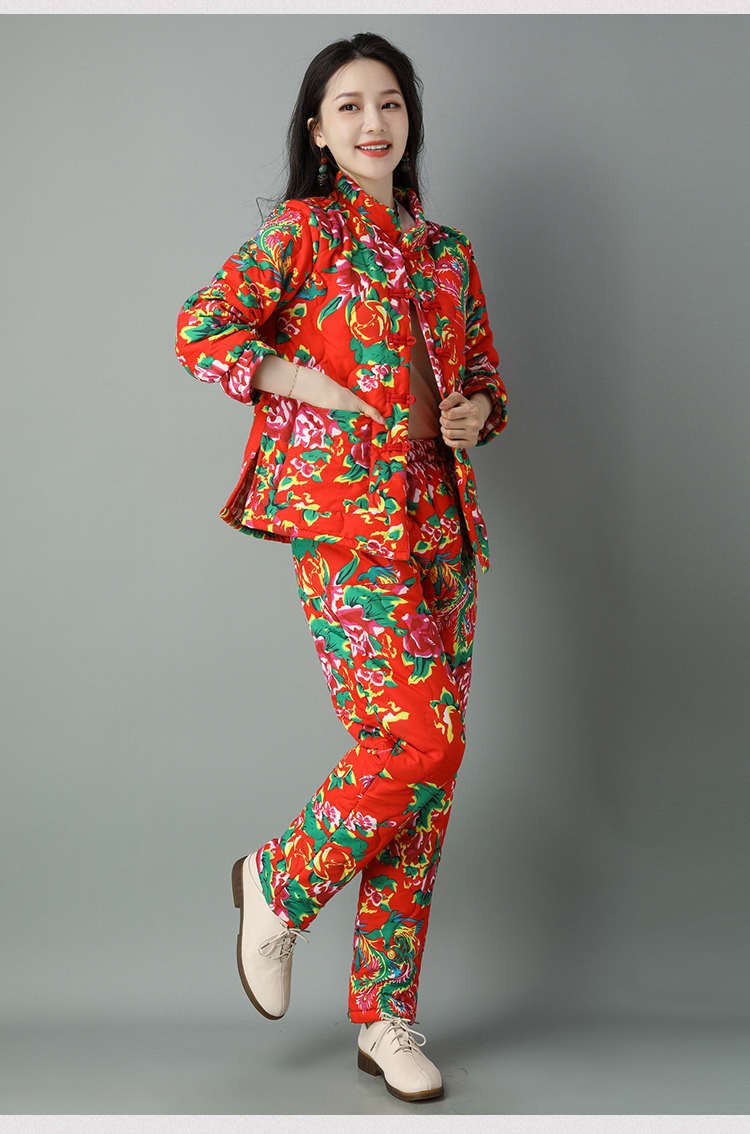 棉袄东北大花袄女大花布衣服棉衣棉裤套装冬加厚盘扣民族风冬季棉服