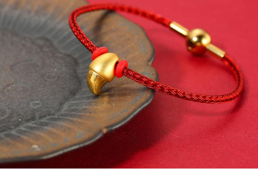 福铂睿(fbri)黄金小虎牙手链硬999足金老虎牙珠本命虎年红绳手链情侣