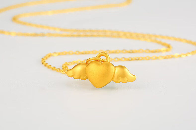 老凤凰3硬金项链足金999立体爱心天使翅膀黄金吊坠转运珠送女友礼物
