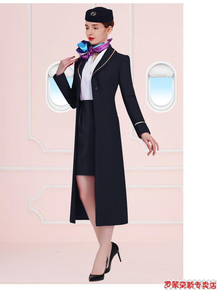 罗蒙旗舰官方店毛呢外套女南航空姐制服长款秋冬季藏蓝色售楼部工作服