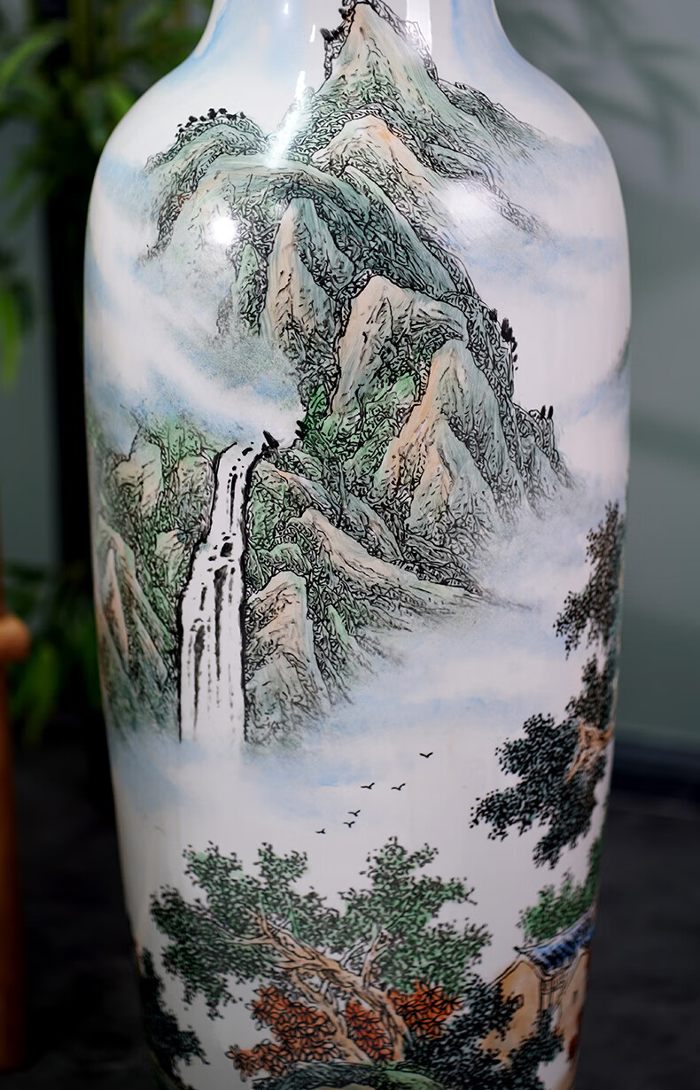 瓷工宅景德镇粉彩手绘山水瓷器大号落地客厅大花瓶摆件家居陶瓷装饰品