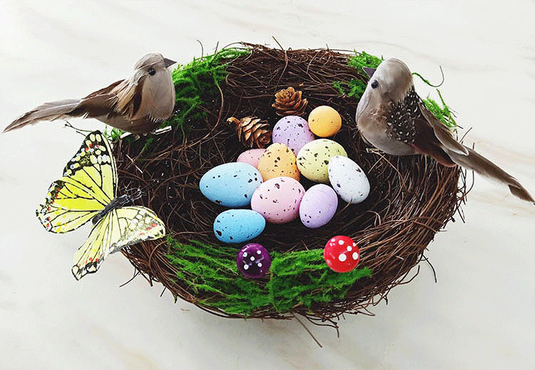 手工编织草窝仿真小鸟蛋幼儿园草编鸟巢20cm鸟窝灰色小鸟套餐大小泡沫