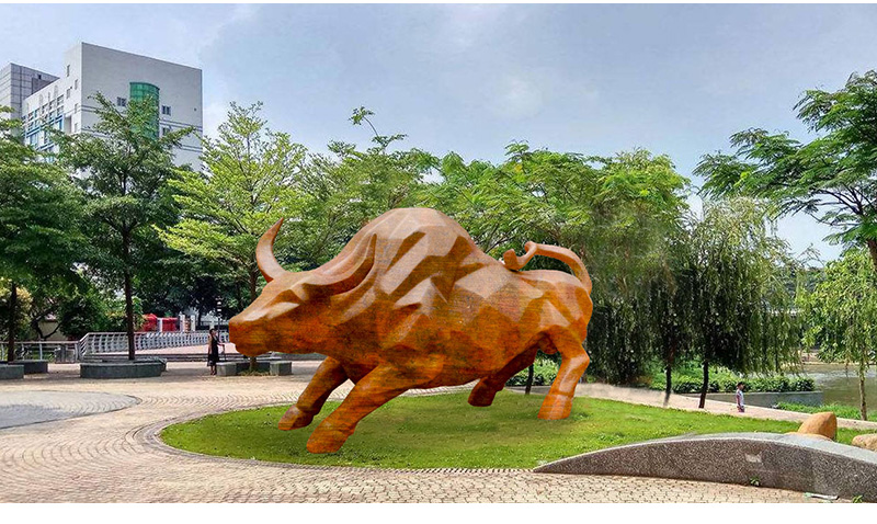 华尔街铜牛摆件抽象几何落地彩绘牛雕塑块面商场售楼部大型艺术品块面