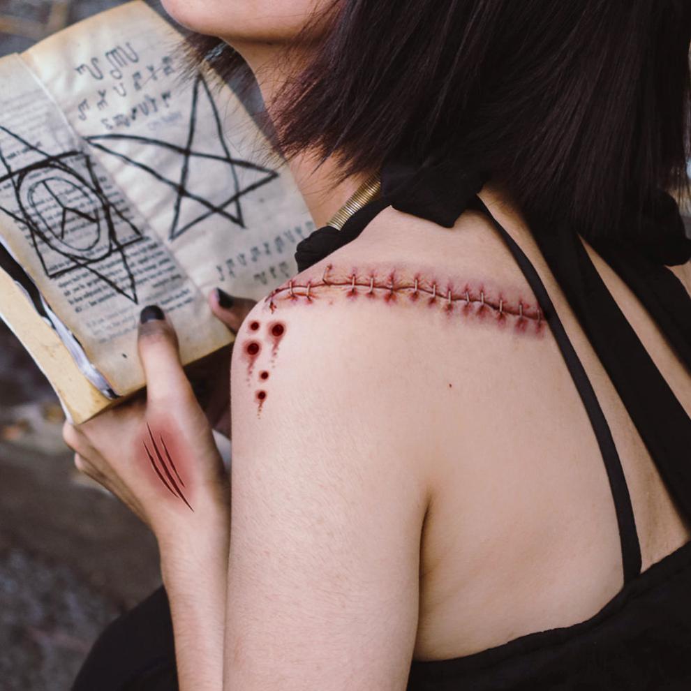伤疤贴纸万圣节纹身贴防水女恐怖伤疤缝针仿真恶作剧假受伤口抓痕伤疤