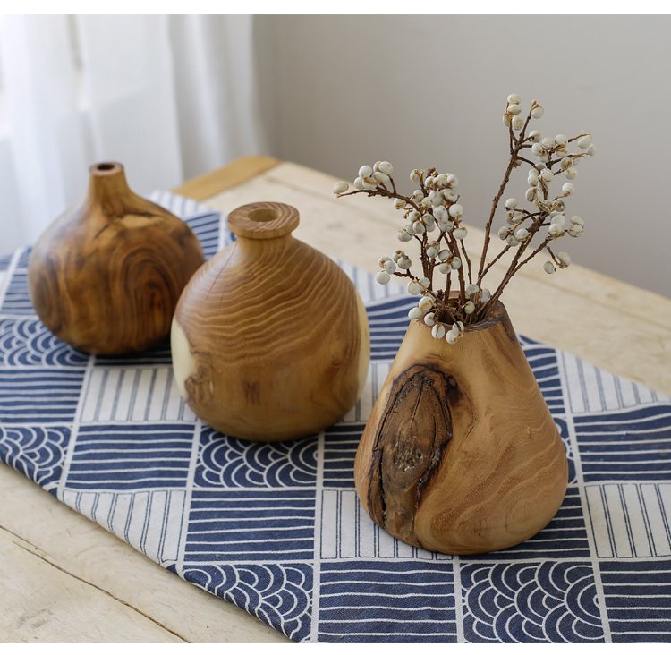 日式侘寂风摆件原木干花花瓶实木日式禅意花器简约茶几摆件装饰品民宿