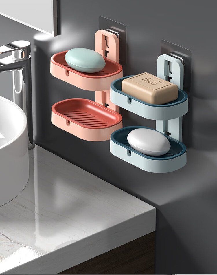 皂盒架子沥水卫生间创意免打孔置物架家用壁挂式双层香皂盒带盖墨绿1