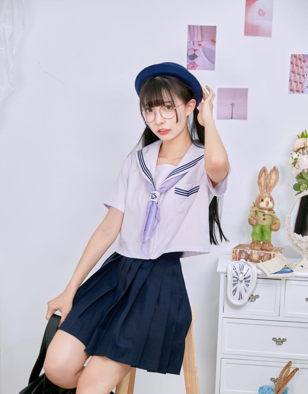 御茶家日系紫色短款水手服短袖中间服原创jk校供感早春学院风绀色下裙