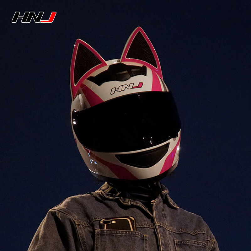 hnj电动摩托车猫耳朵头盔女四季全盔男骑士机车可爱兔耳朵网红 粉色猫