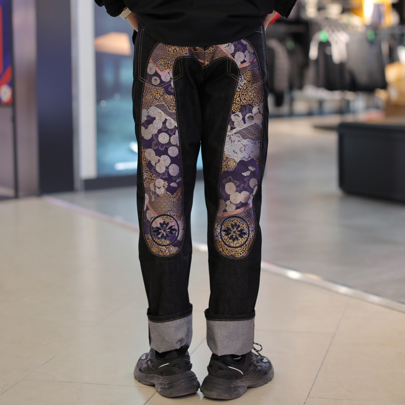 福神牛仔裤 原色牛仔裤男大m机械腿印花大白樱花宽松直筒刺绣长裤子