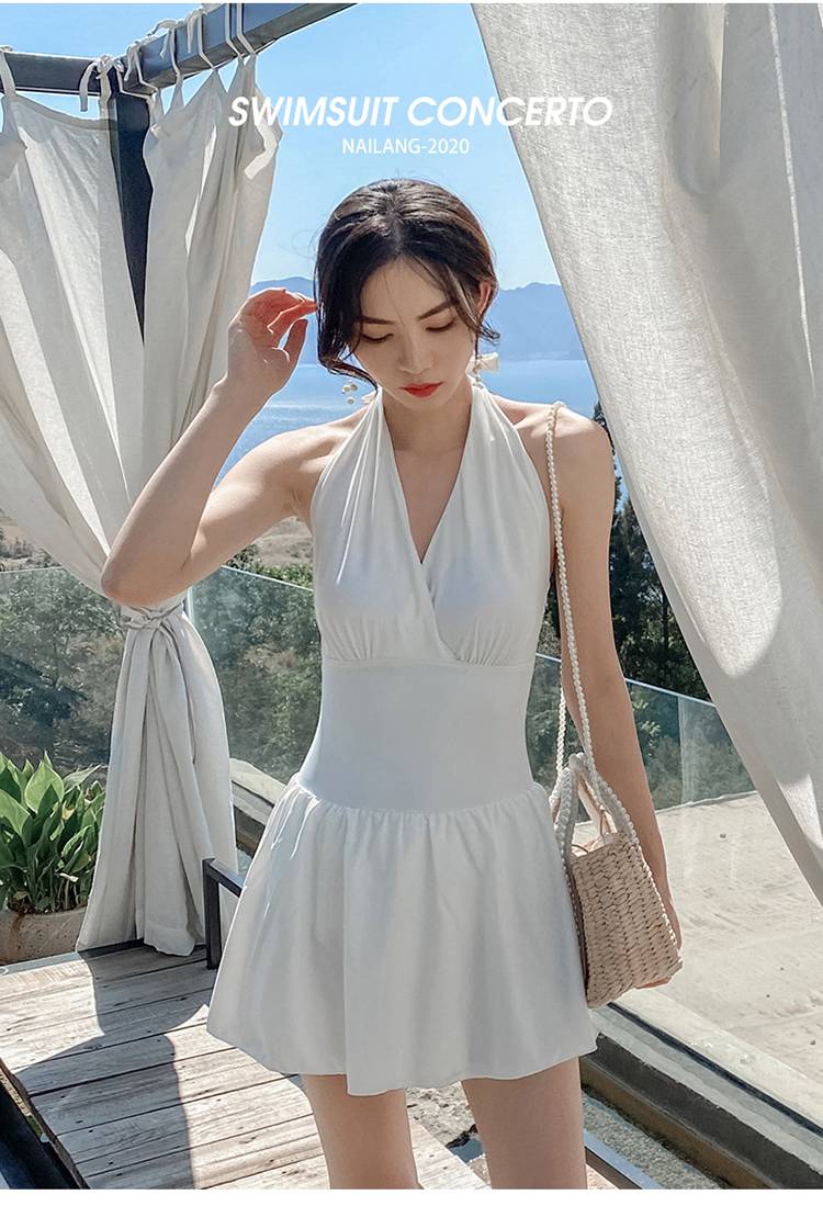 露背挂脖连体泳衣 游泳衣女夏挂脖绑带性感2021连体裙式显瘦泡温泉