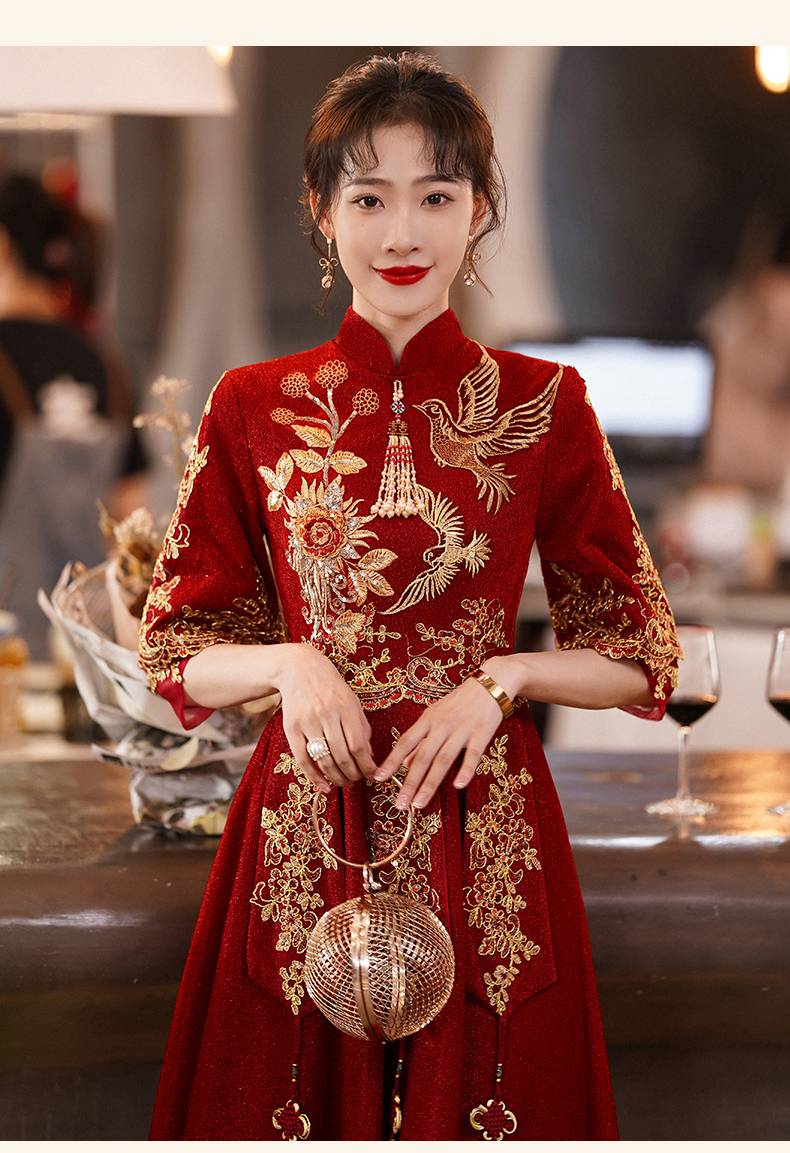 俞兆林旗袍敬酒服新娘酒红色2022新款夏季孕妇订婚结婚礼服女中式秀禾