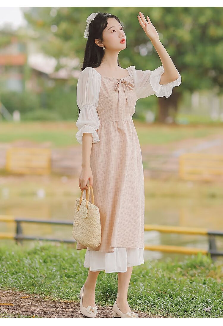 雨意云情温柔格子连衣裙少女生夏装2022新款初中高中学生森系甜美泡泡