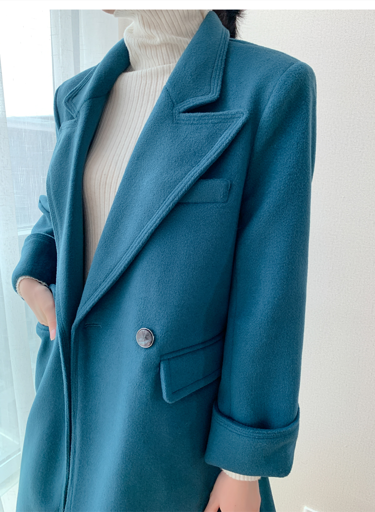 xina香港潮牌孔雀蓝呢子大衣女2021年冬装新款韩版修身显瘦中长款加厚