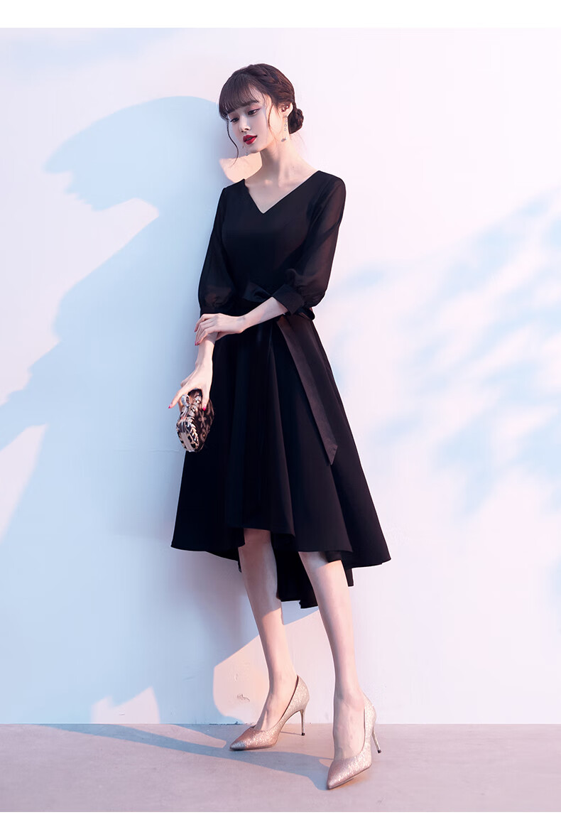 晚礼服矮个子黑色女平时可穿气质优雅现代显瘦中长款宴会聚会连衣裙