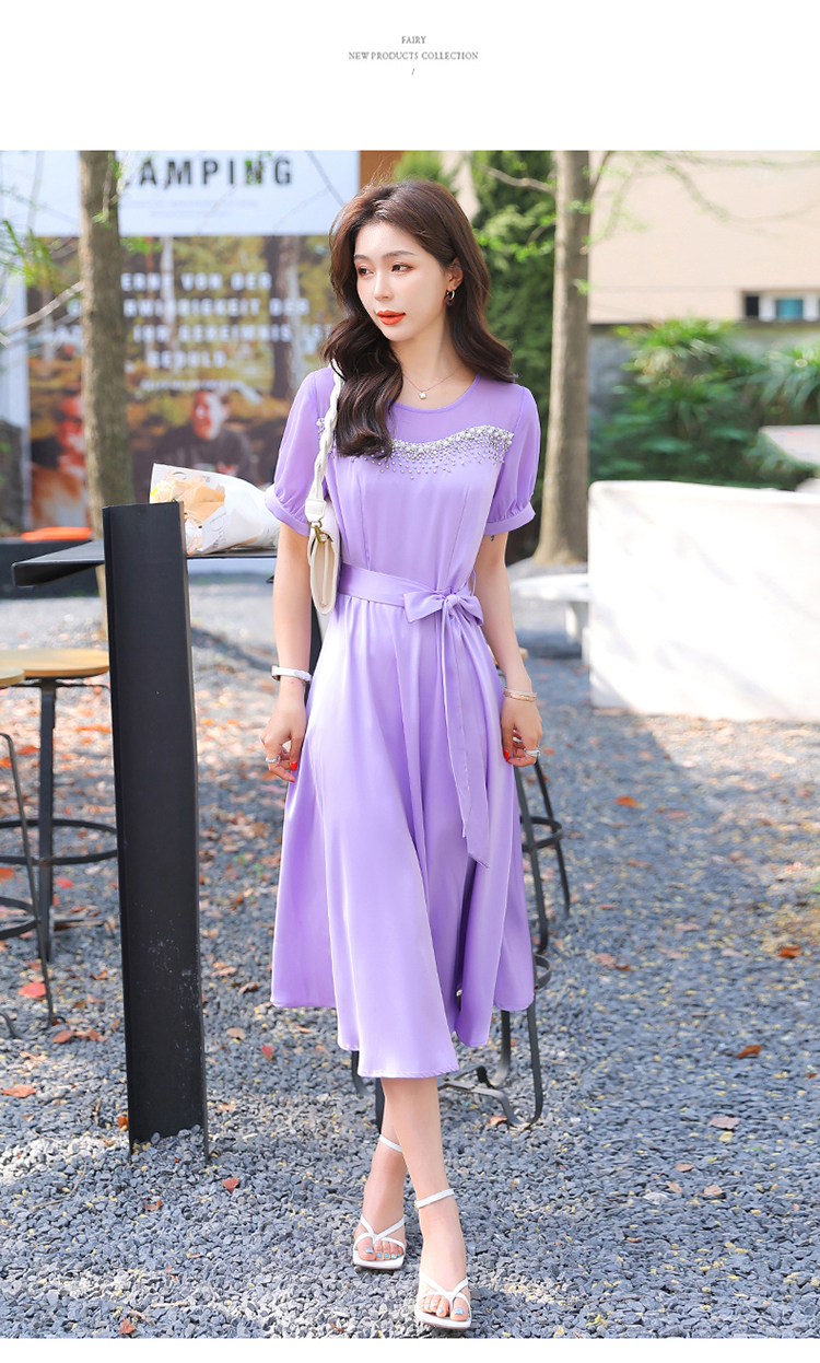 醋酸缎连衣裙2022夏季新款韩版通勤圆领垂感丝滑紫色中长裙女 嫩粉色