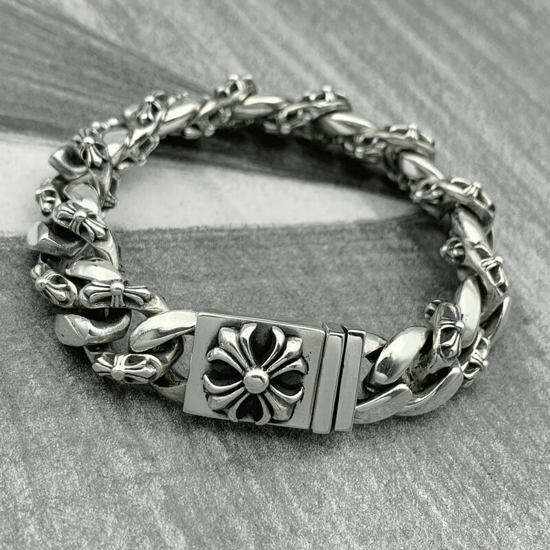 欧凯伦925银ch克罗心个性十字花手链男女欧美复古十字架泰银手链10mm