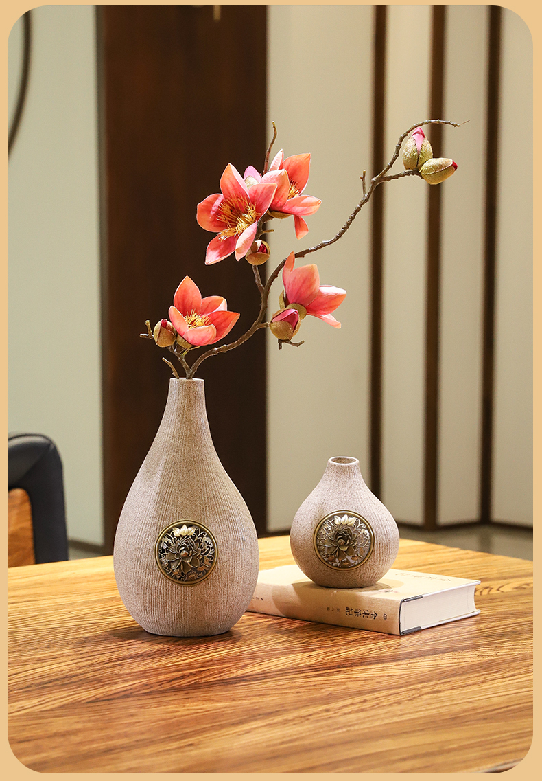 新中式禅意简约插干花小花瓶套组书架茶桌装饰摆件粗陶瓷复古花器贵妃