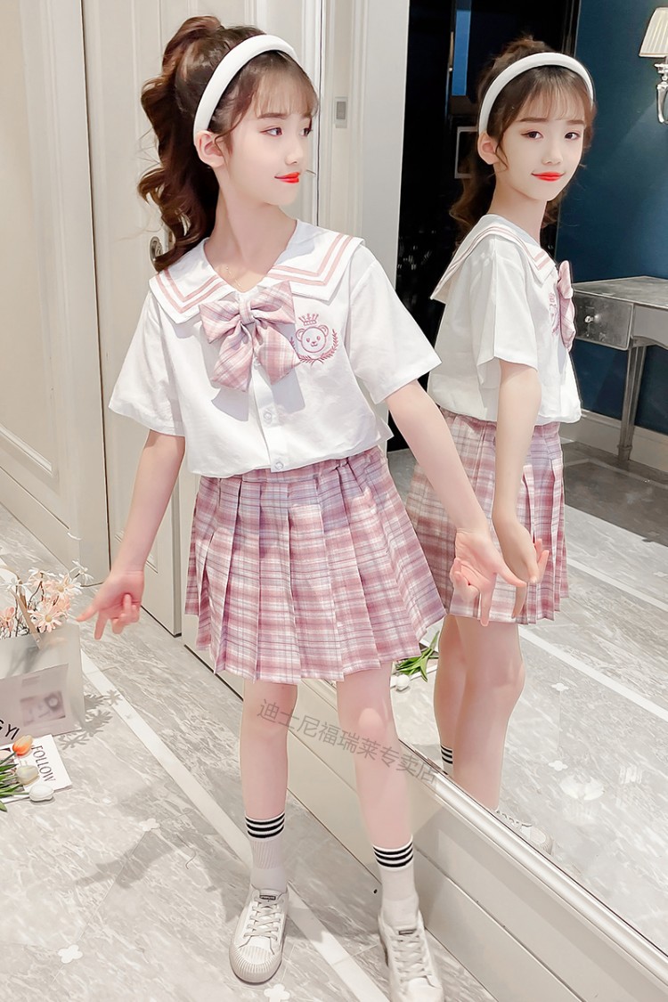 迪士尼童装同款儿童jk水手服套装夏装少女格子裙子女童学院风小学生