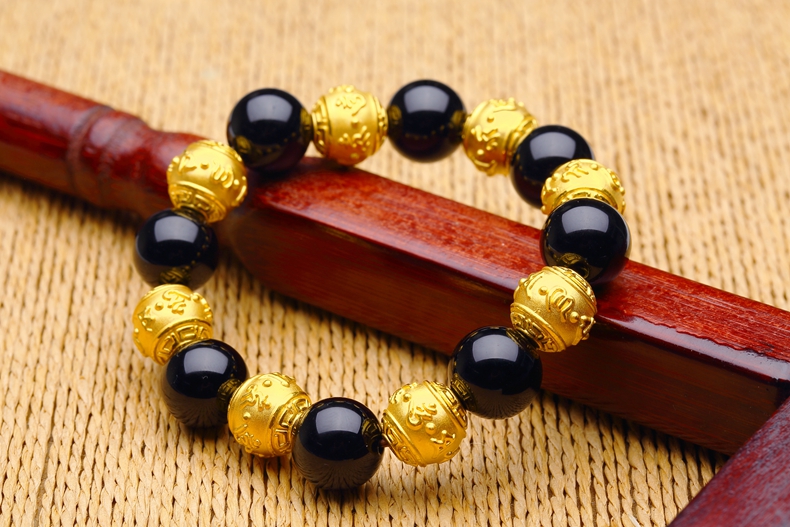 老凤凰黄金佛珠手链3d硬足金999六字真言转运珠金珠手串男女款本命年