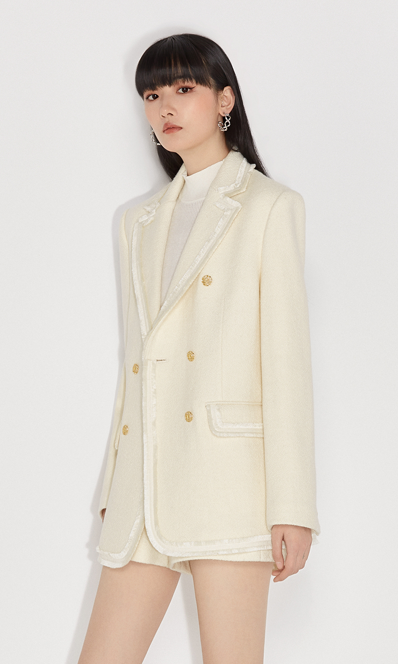 黑标系列欧时力新款冬装流苏边小香风排扣西装外套女黑色090xs