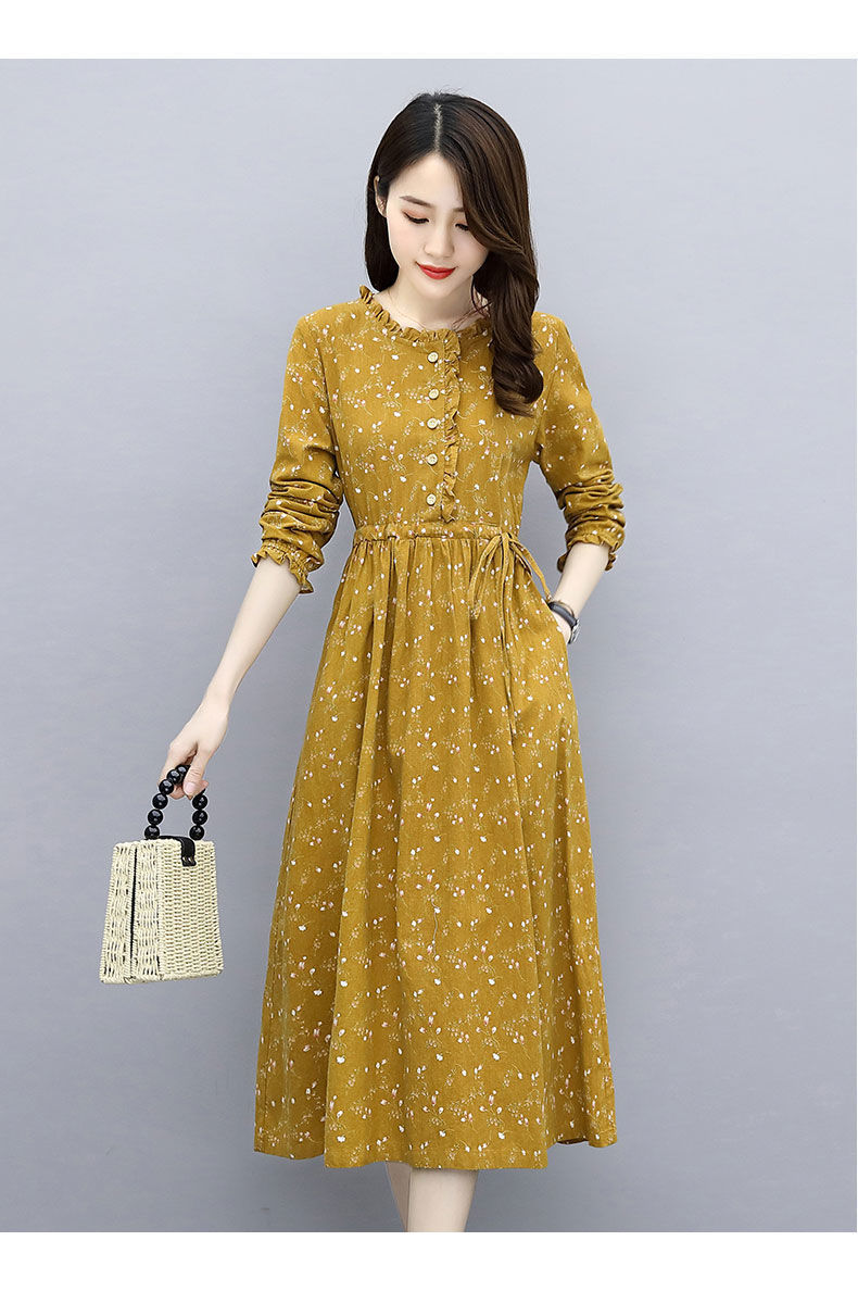 碎花棉麻连衣裙女秋2022新款长袖女装收腰显瘦文艺范休闲亚麻裙子