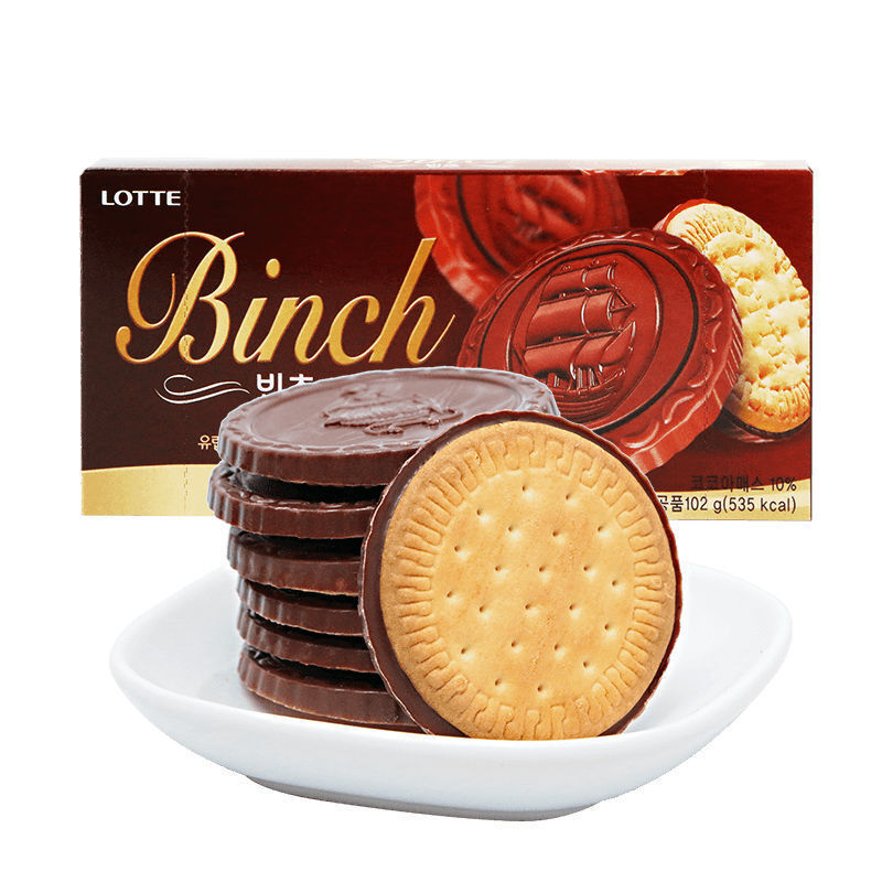 京选好味韩国乐天binch宾驰巧克力夹心饼干102g盒网红小吃休闲零食