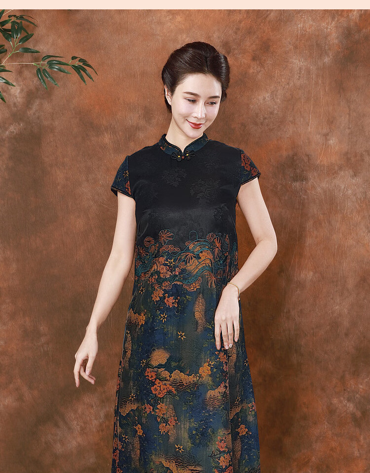 凯特希中国风连衣裙短袖夏装复古文艺桑蚕丝香云纱改良刺绣长款旗袍