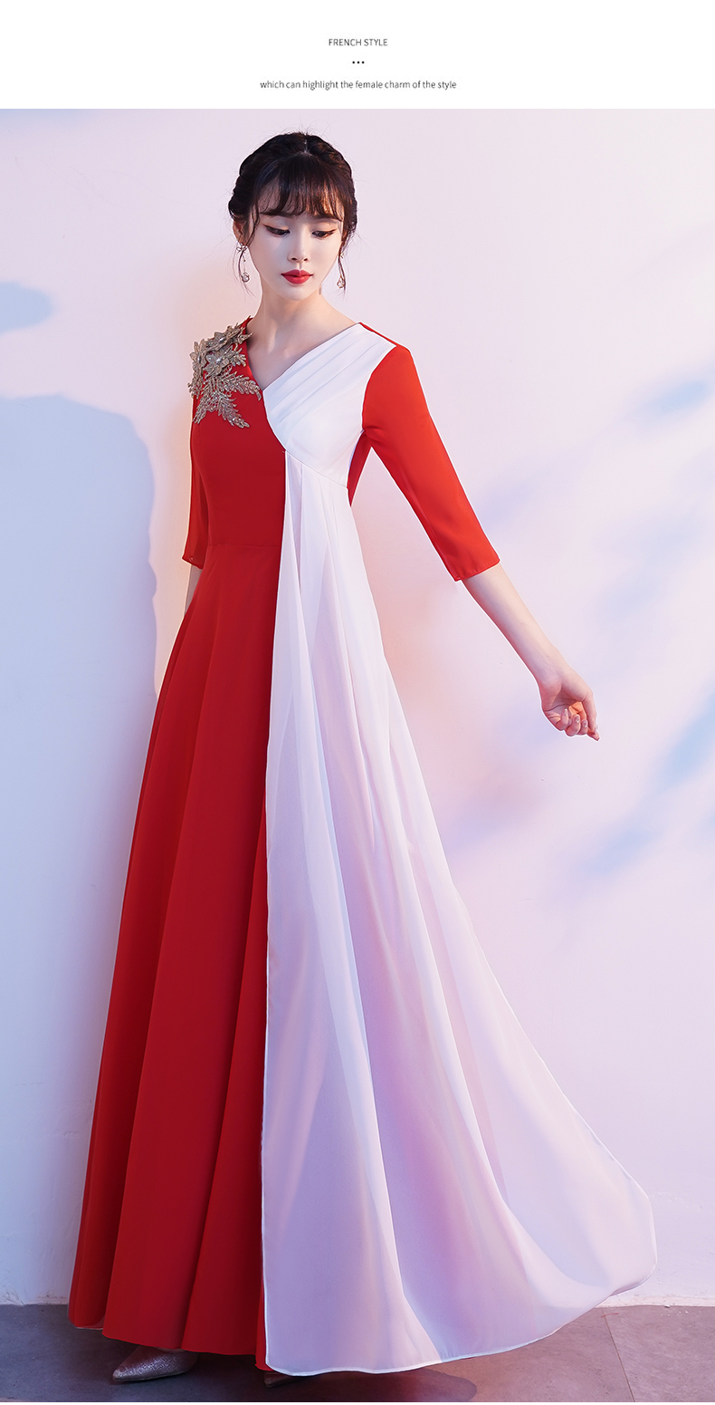 比赛服装合唱团演出服女长裙宴会主持人气质晚礼服舞台表演中国红s