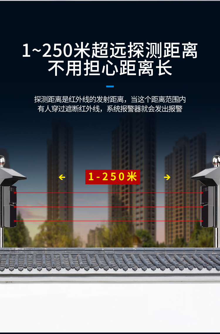 太阳能对射报警器户外围墙防盗周界报警无线红外对射探测器插电型报警