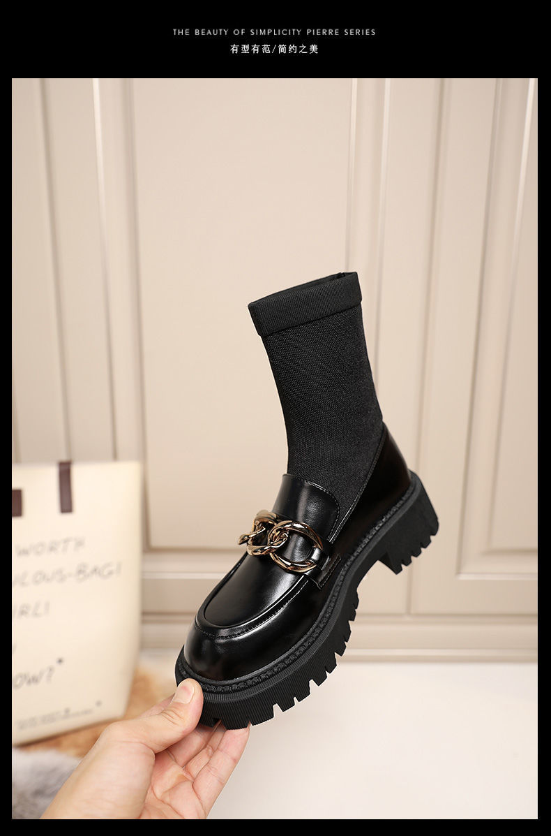 女生皮鞋弹力袜靴女秋新款厚底松糕英伦复古单鞋时装靴黑色单里35