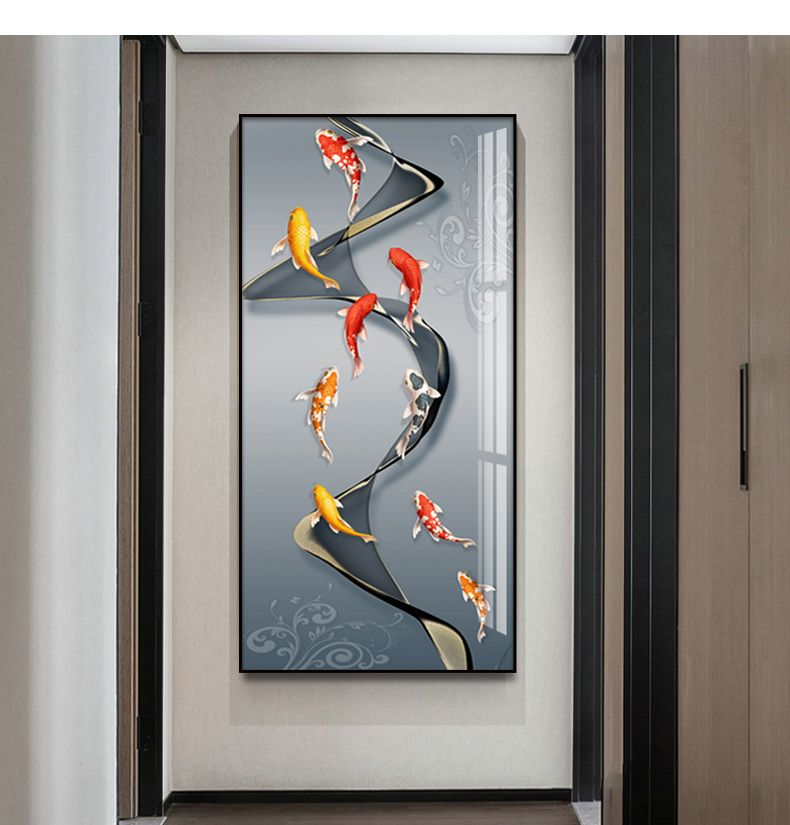 九鱼图现代镶钻晶瓷壁画九鱼t91150100铝合金属画框土豪金色晶瓷工艺