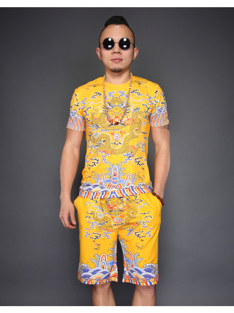 有龙图案的衣服中国复古风皇帝龙袍带短袖t恤男古装冰丝半袖冰丝体恤 