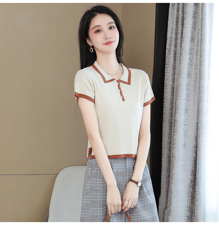夏天带领女士冰丝短袖上衣有领子的小个子修身短款t恤女针织夏季polo