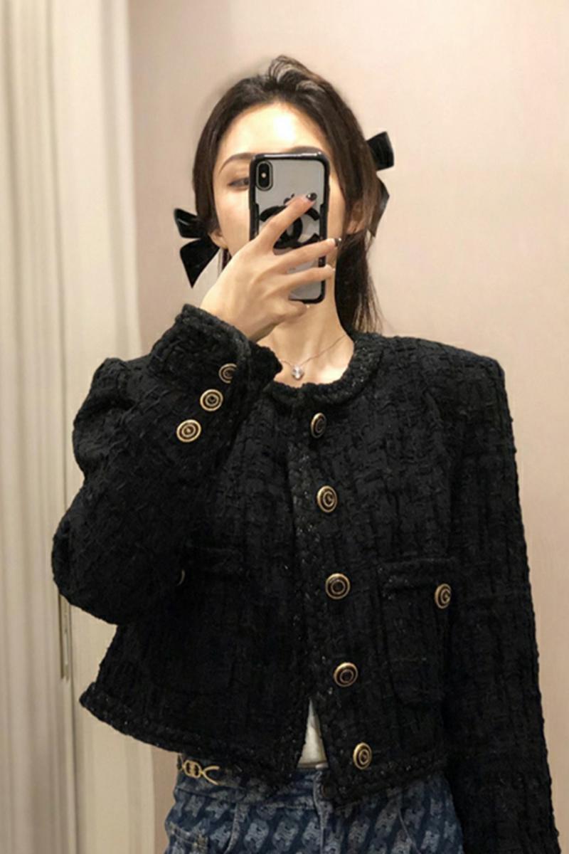 小香风短外套女黑色气质百搭复古港味网红炸街名媛法式西装上衣黑色里