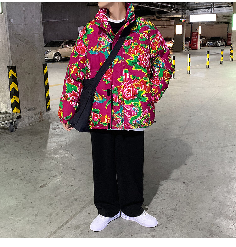 东北大花棉袄男冬季加厚棉服中国风牡丹花棉衣外 黑色牡丹花 xl【图片