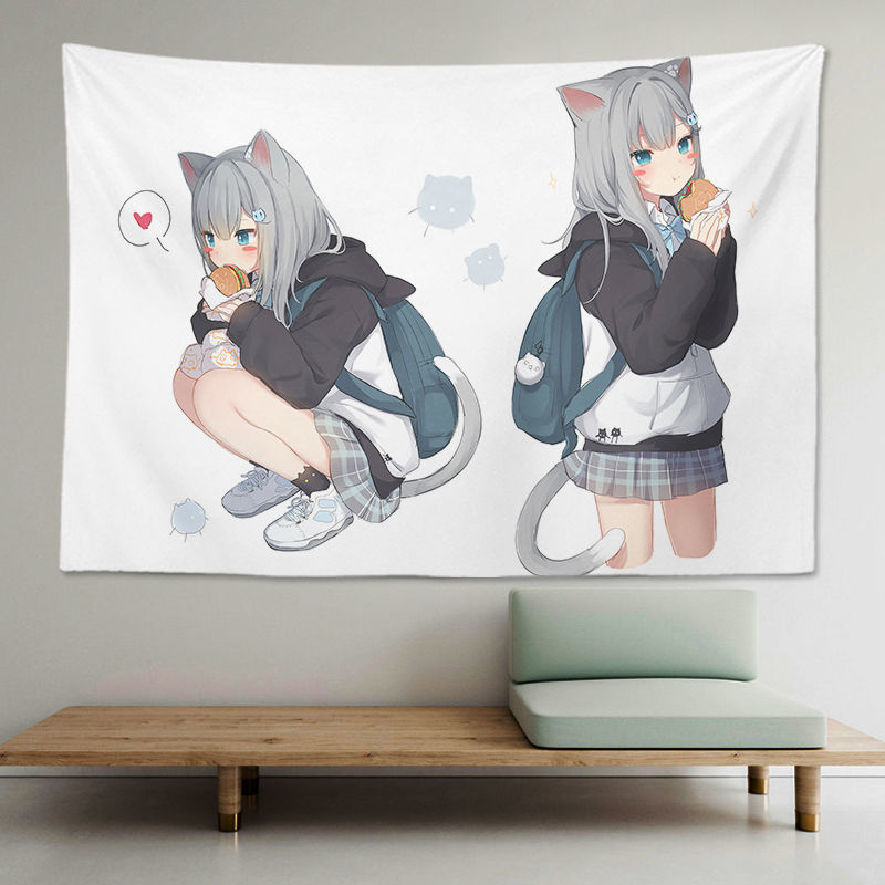 猫羽雫背景布甘城老师原创挂布猫耳女孩猫娘动漫挂毯学生宿舍浅黄色