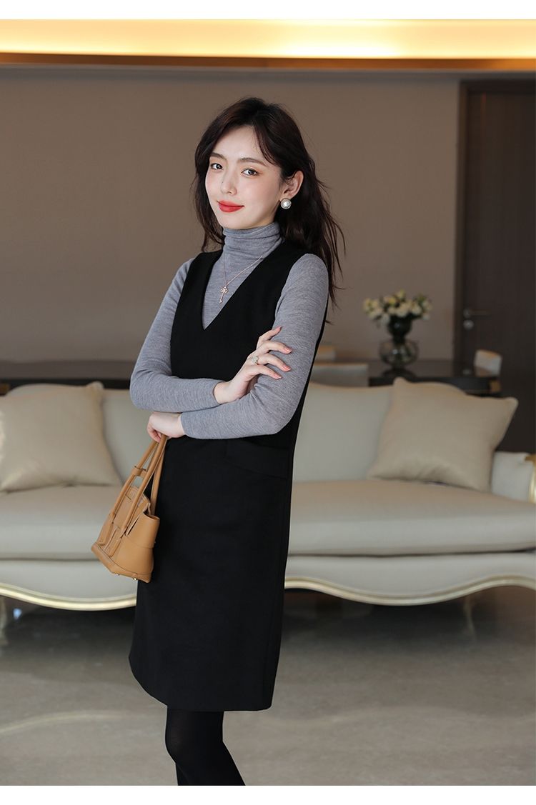 优雅时髦穿搭毛呢背心裙女冬新款中长款气质百搭显瘦连衣裙黑色2xl130