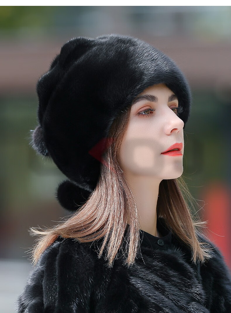 okoj品牌冬季新款轻奢水貂毛帽子女士时尚保暖百搭护耳皮草帽子圣诞节