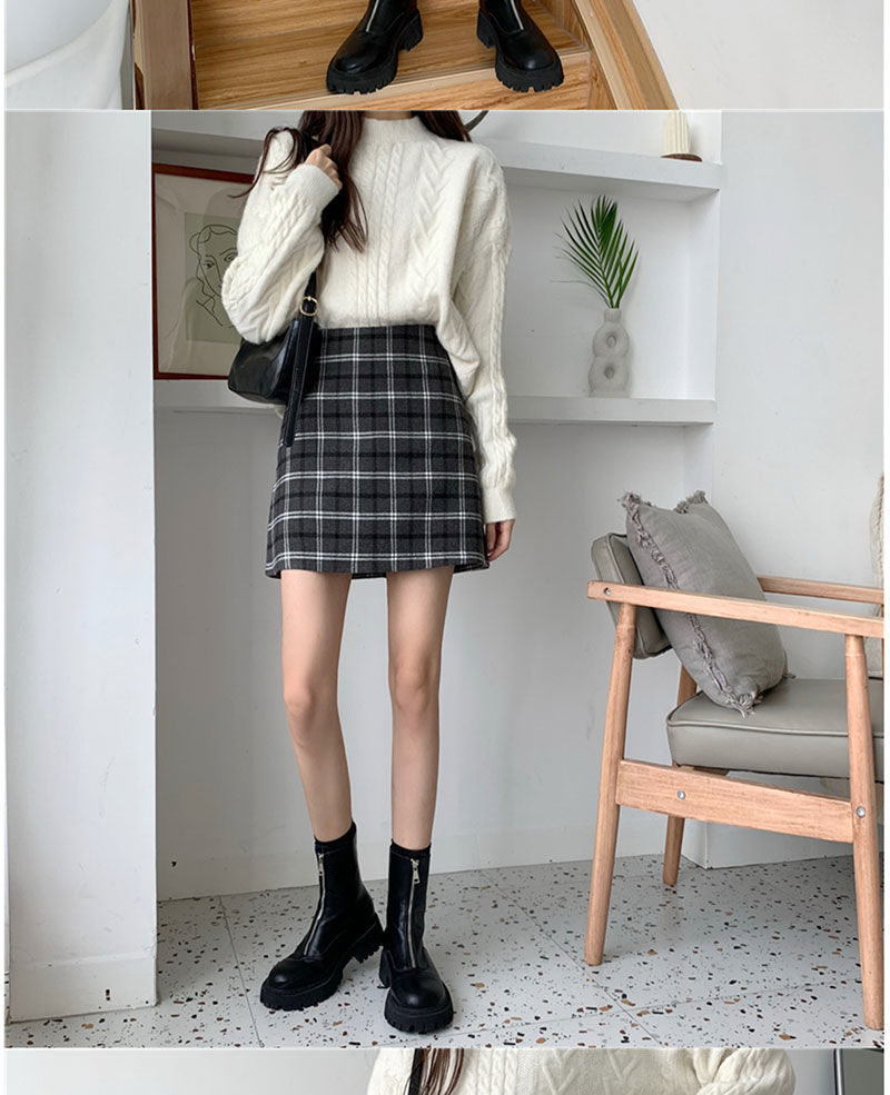 格子半身裙女韩版秋冬新款时尚高腰显瘦字冬裙百搭包臀短裙灰色s适合